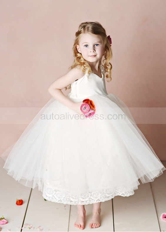 Ivory Satin Tulle Tea Length Cross Back Simple Flower Girl Dress